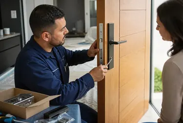 Chaveiro instalando uma fechadura em uma porta em Guarapuava.